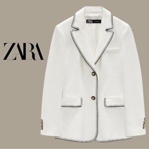 Zara Contrast Stitch Blazer White Black Trim Structured Jacket XL